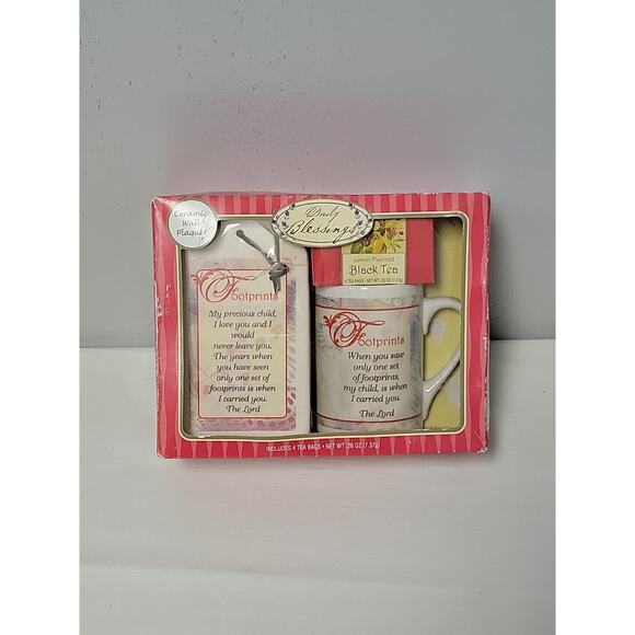Daily Blessings Vintage Religious Footprints Mug & Ceramic Wall Plaque Tea Set - Picture 1 of 8